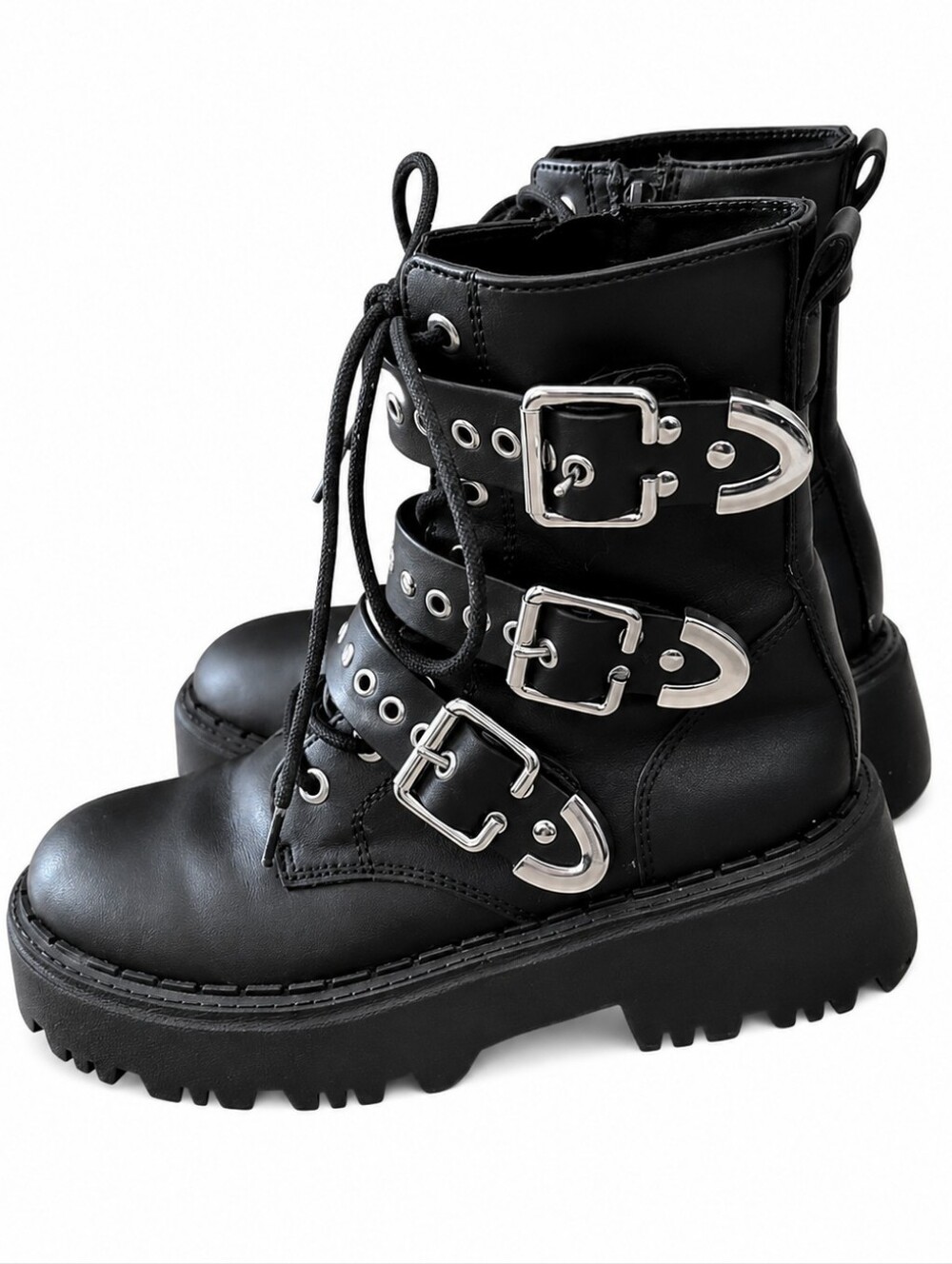 Zara Girls Black Triple Buckle Combat Boots EU 32 Chunky Lug Sole Lace-Up Ankle